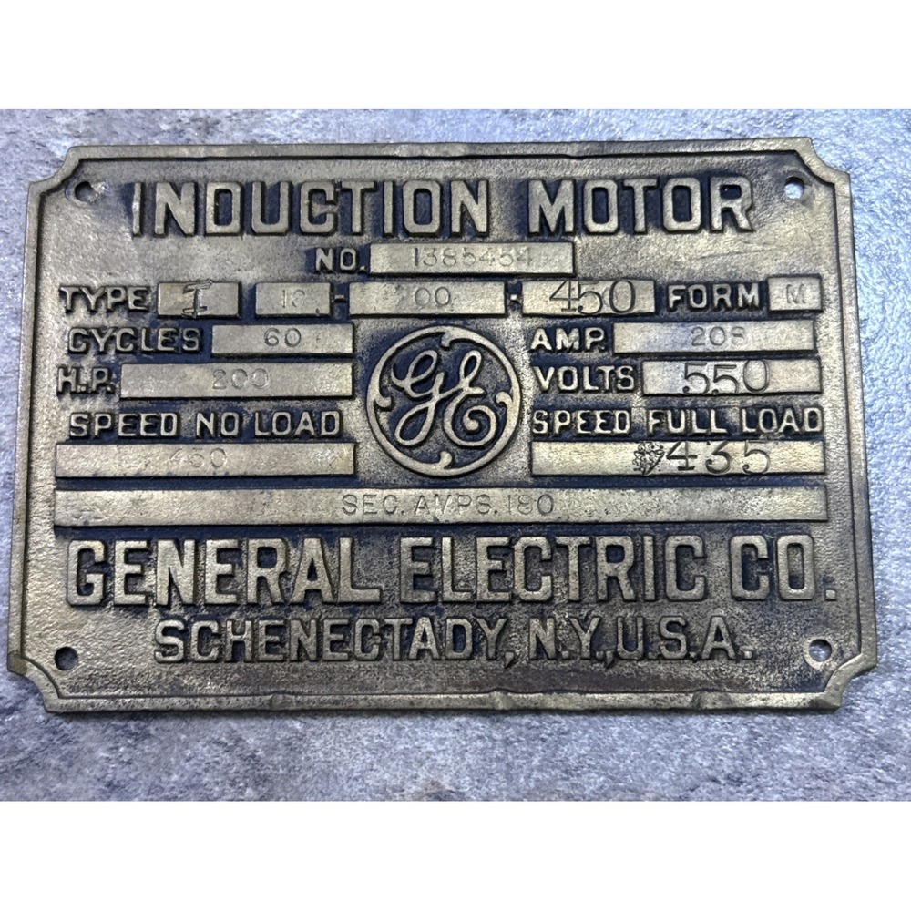 Vintage General Electric GE Induction Motor Nameplate 200 HP Industrial Brass